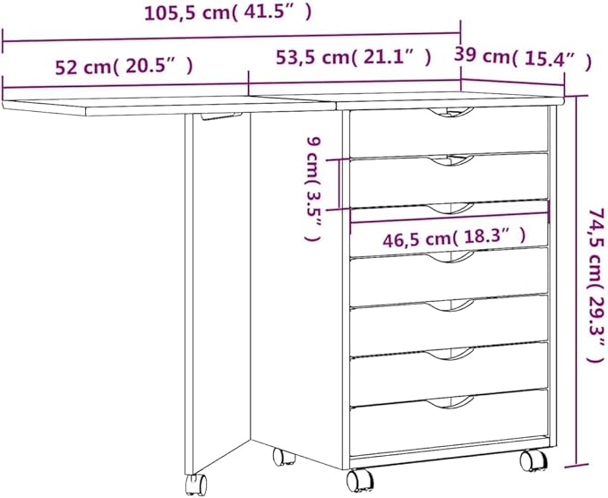 Foldable Design Rolling Cabinet with 7 Storage Drawers Modern Design Mobile Home Office Study Writing Desk with Smooth Wheels Space Saving Compact Desk-888