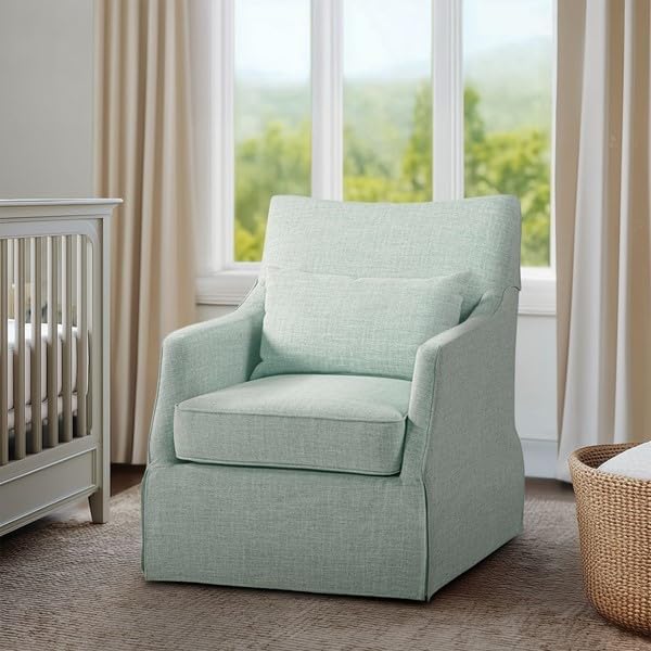 Martha Stewart 360° Mint Swivel Chair Modern Classic Skirted Armchair with Soft Removable Seat Cushions and Lumbar Pillow Rust Resistant Metal Swivel Base for Living Room Bedroom