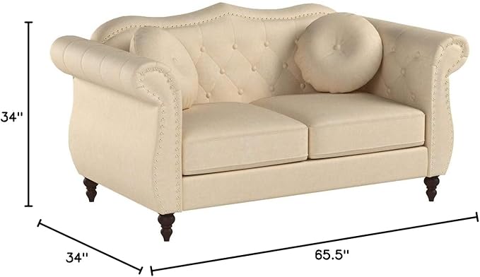 Anna1 Chesterfield Velvet Couches for Living Room Button Tufted Luxury Upholstery with Rolled Arms High-Density Foam Durable Wood Frame 65.5 Loveseat Alabaster