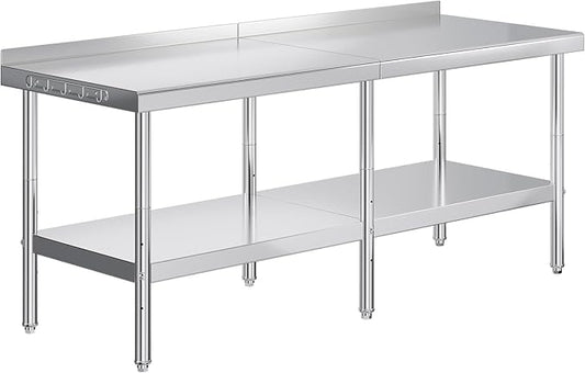 Jocisland 30 x 82 Stainless Steel Table for Prep &amp Work NSF Certified with Backsplash Adjustable Under Shelf &amp Safe Design for Restaurant Home and Outdoor