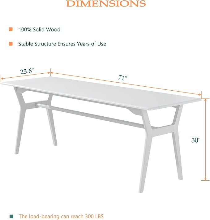 Solid Wood Study Desk - 71 Double Long Computer Table for Home Office 2-Person PC Workstation White