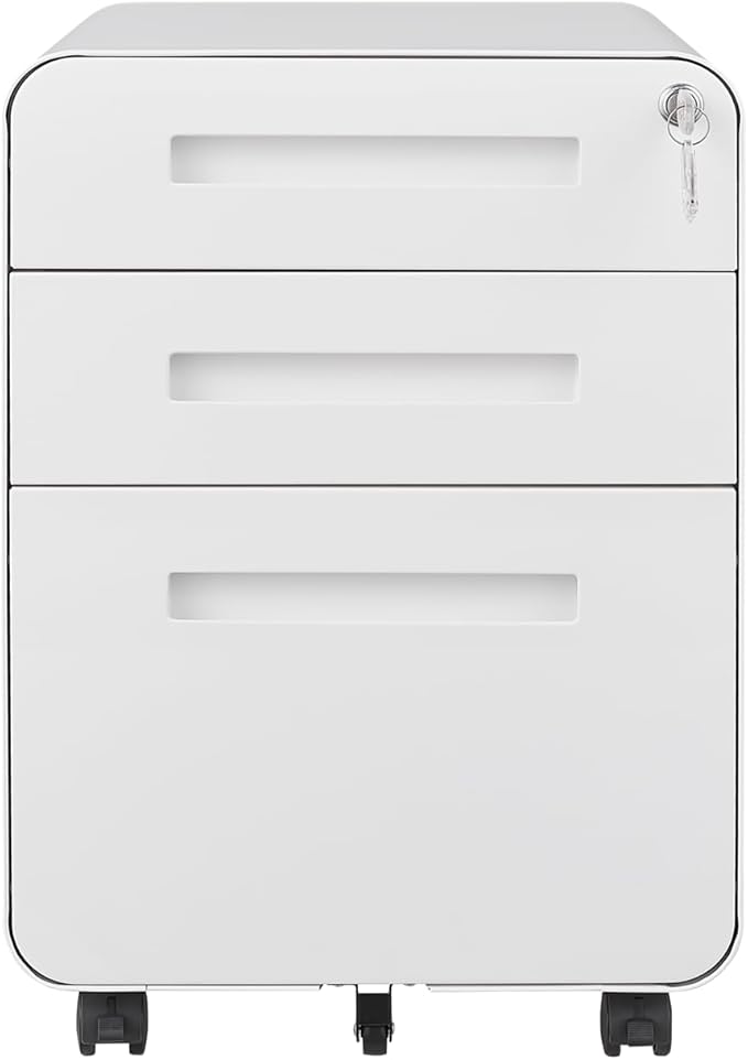 Office Pedestal File Cabinet: Lockable Compact Storage Solution for Home Office - Under Desk Cabinet with Removable Pencil Tray Hanging Bar and 5 Utility Wheels (White)
