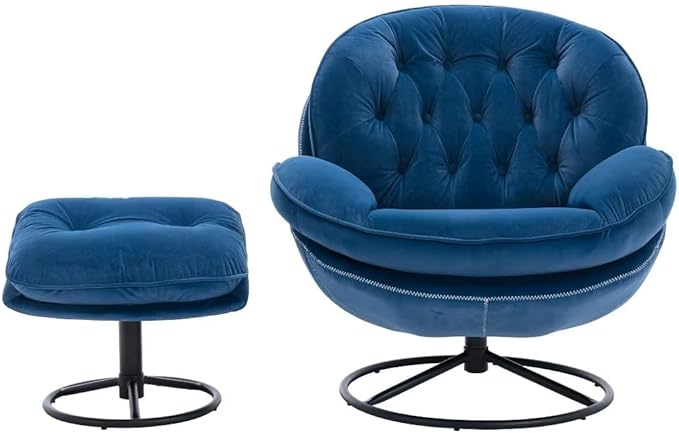 Velvet Swivel Accent Chair with Ottoman Modern Lounge Chair with Metal Base Frame &amp Footrest Comfortable Leisure Single Sofa Chair Reading Chair with 360 Degree Swiveling for Living Room Blue