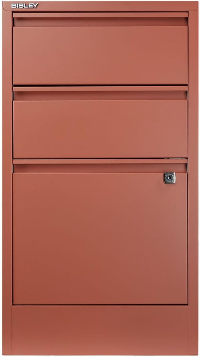 Bisley 3-Drawer Flush Front Vertical File Cabinet - Coral 2 Utility Drawers + 1 Hanging File Drawer Powder-Coated Steel Locking Bottom Drawer