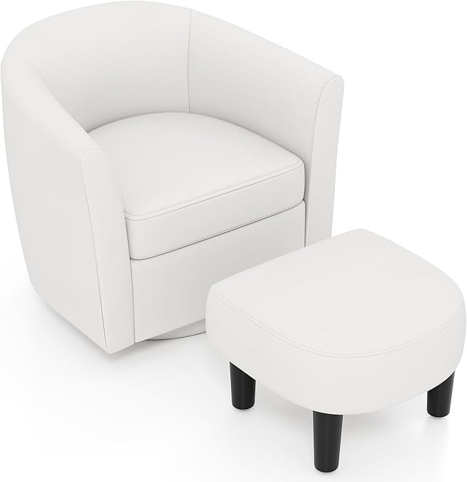 KOMFOTT Swivel Barrel Chair with Ottoman Upholstered Armchair with Footrest Removable Seat Cushion Linen Fabric Club Reading Sofa Chairs Modern Accent Chair for Living Room Bedroom Creamy