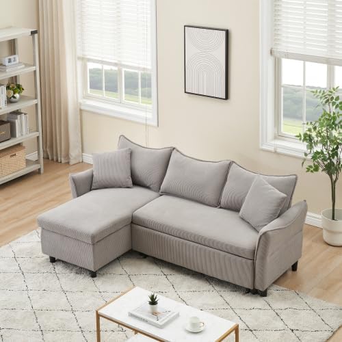 80'' Convertible Sectional Sofa Couch 3 Seat L Shaped Sleeper Sofa Bed with Pillows and Storage Chaise Pull Out Couch Bed Modern Corduroy Small Couches Futon for Living Room Apartment (Gray)