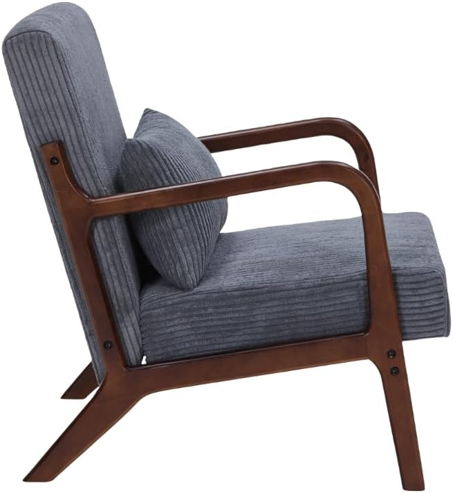 GDFStudio Aogex Accent Chair Upholstered Armchair Corduroy Club Chair Solid Wood Single Sofa Lounge with Armrest Comfort Seating with Lumbar Support for Reading Living Room Home Dark Gray+Walnut
