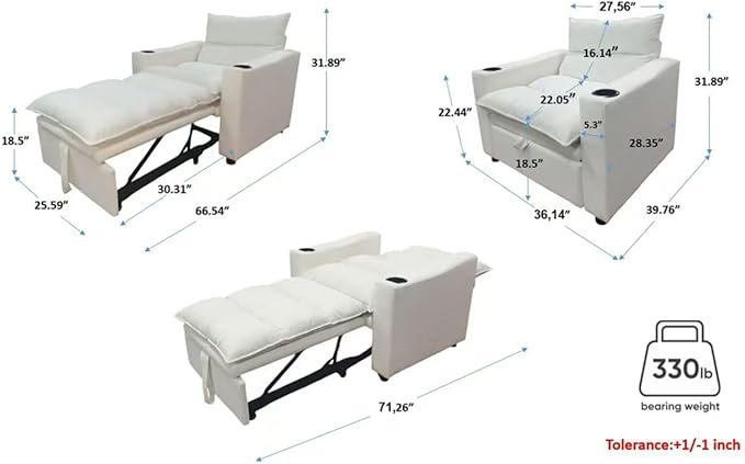 SLEERWAY 3 in 1 Convertible Sleeper Sofa Bed 36.14 W Easy Pull Out Chair Bed with Dual Cup Holders Comfy Thick Padding Futon Love Seat with Adjustable Backrest for Living Room Small Space (Grey)
