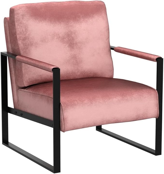 Container Furniture Classic Mid Century Modern Accent Chair with Durable Square Metal Frame Armchair for Living Room Bedroom Home Office in Plush Velvet Upholstery Rose
