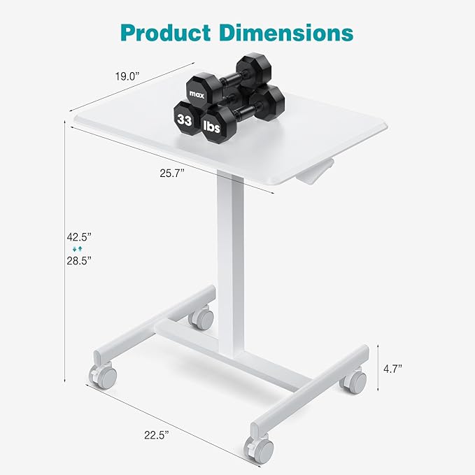 DUMOS Small Standing Desk Mobile Portable Rolling Laptop PC Table on Wheels Adjustable Height Computer Workstation for Home Office 19 Inch Modern White
