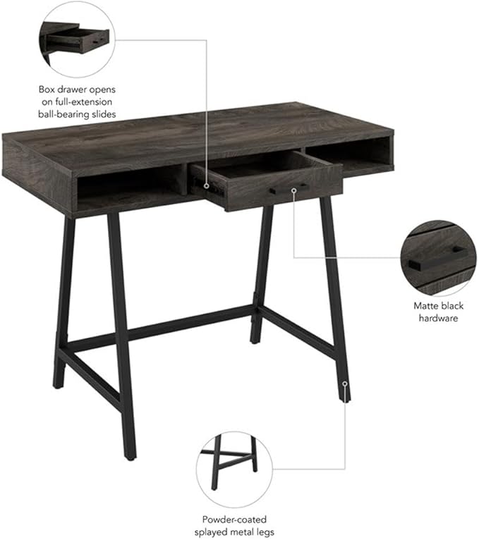 Pemberly Row 40 W Writing Desk Dark Gray Hickory Finish Engineered Wood Construction Industrial Style Box Drawer and Open Storage Compact Home Office Desk or Study Table