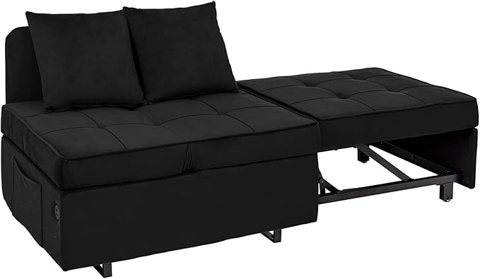 Sofa Bed 4-in-1 Convertible pull out Couch Velvet Love seat Couch Sleeper Chair Bed with 2 Throw Pillow Single Recliner with 5 Adjustable Backrests for Living Room Apartment Small Space Black