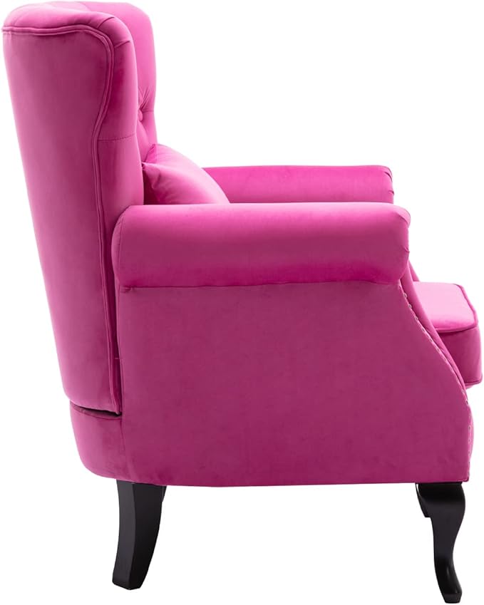 Kmax Velvet Tufted Accent Chair Mid Century Throne Chair Comfy Sofa Chair Padded Seating WingBack Unique Wood Legs Home Club Bedroom Living Room Rose