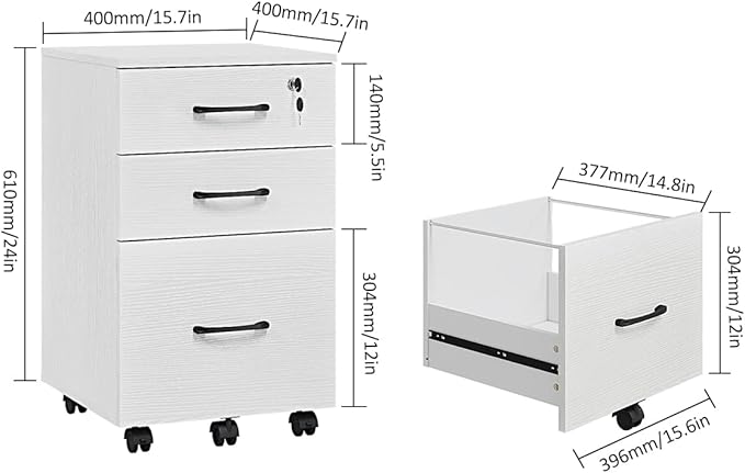 Panana 3 Drawer Wood Mobile File Cabinet Under Desk Storage Drawers Small File Cabinet for Home Office (White)