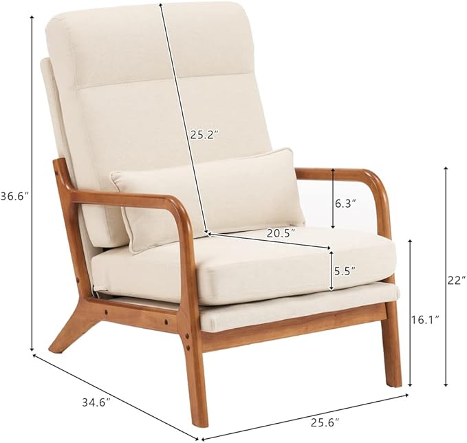 Accent Chair Modern Linen Upholstered Armchair Lounge Chair with Solid Wood Frame and 1 Pillow Comfy Single Sofa Chair Leisure Reading Chair with High Back &amp Armrest for Living Room Bedroom Off W