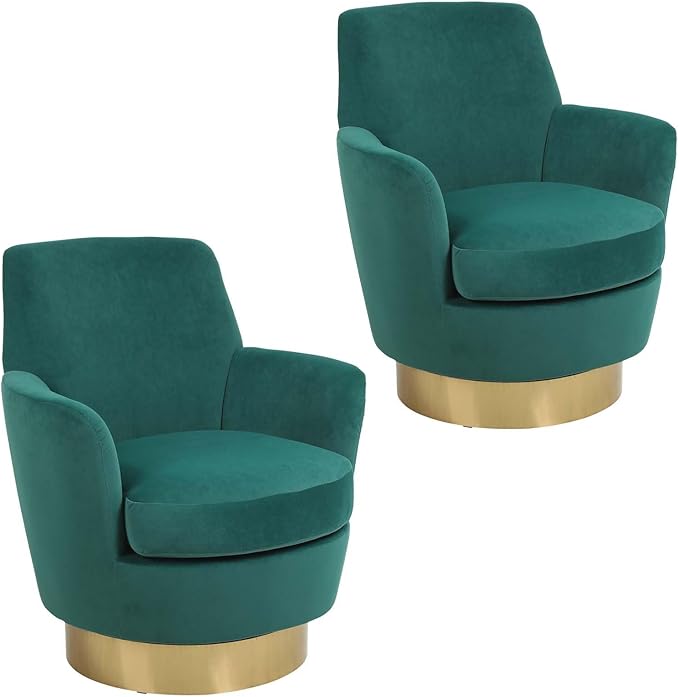 Velvet Swivel Accent Chair Set of 2 Upholstered Barrel Chair with Gold Base Comfy Sherpa Round Boucle Chair 364-degree Swivel Armchair for Living Room Bedroom Lounge Office Nursery Green