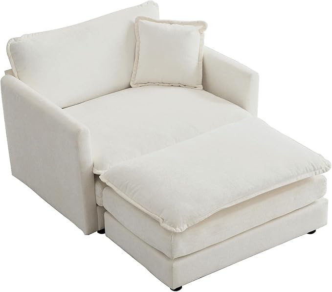 KIVENJAJA 41.4”W Oversized Sofa Chair with Ottoman Modern Chenille Deep Seat Single Couch Armchair Comfy Chaise Lounge Indoor with Pillow for Living Room Bedroom Apartment Beige
