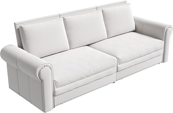 93.7 King Size Chesterfield 3-seat Pull Out Sofa Bed Velvet Couch Bed with Nailhead Trim and Rolled Arm 3-in-1 Sleeper Sofa for Living Room Apartment Office Beige
