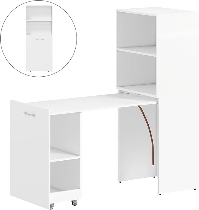Folding Desk with Storage Convertible Table with Shelves &amp Wheels Craft Cabinet with Fold Out Table Compact Computer Desk for Small Space Reversible L Shaped Desk - White
