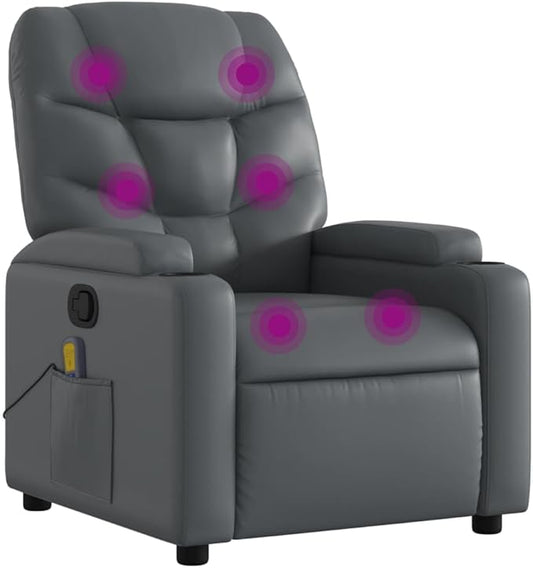 vidaXL Massage Recliner Chair - Gray Faux Leather Manual Reclining 6-Point Vibration Cup Holders Living Room Seating