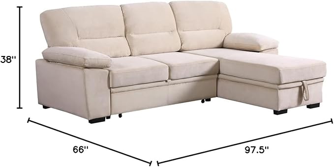 Lilola Home Kipling Beige Velvet Fabric Reversible Sleeper Sectional Sofa Chaise