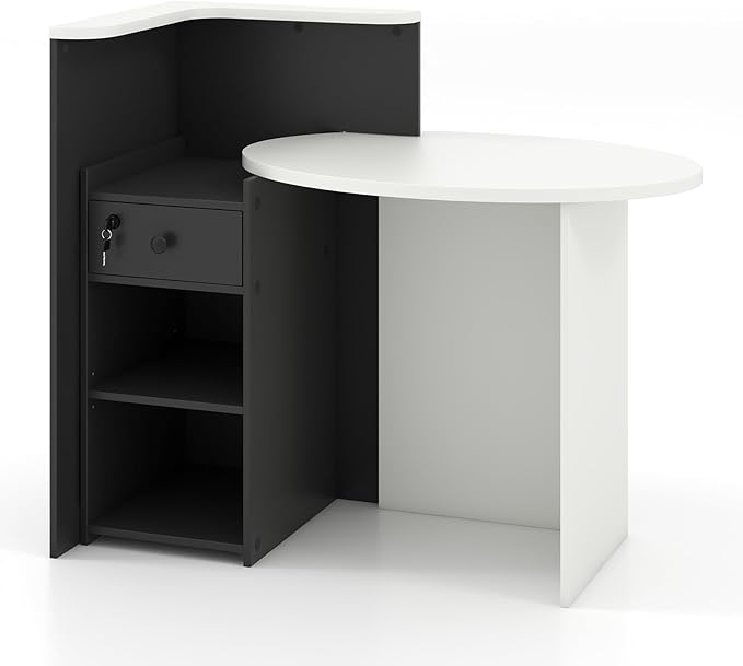 Reception Desk Small Retail Checkout Counter with Lockable Drawer and Open Shelves Wooden Front Desk Reception Counter Oval Desktop &amp L Counter for Store Office Lobby Salon (White &amp Black)