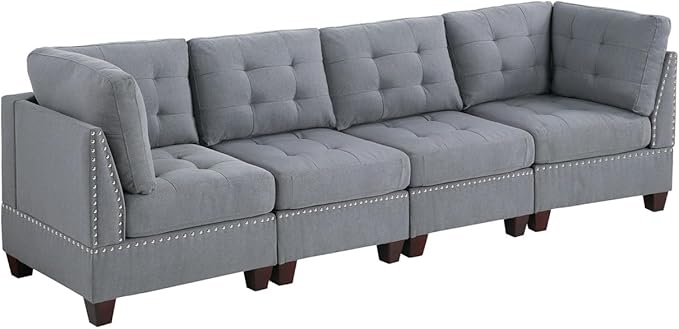 Contemporary Tufted Armless Chair Gray Linen-Look Fabric with Nailhead Trim Perfect for Living Room Bedroom 1-Piece