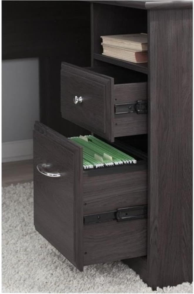 BOWERY HILL L-Shaped Corner Desk 60 Laminate and Wood Heather Gray Finish Fluted Glass Door USB Hub File and Box Drawers Home Office Workstation for Organized Storage