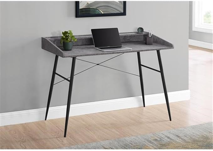Pemberly Row Computer Desk 48 in Home Office Laptop Table with Storage Shelves Particle Board and Metal Grey Stone and Black Finish Compact Mid-Century Modern Style for Bedroom or Living Room Use