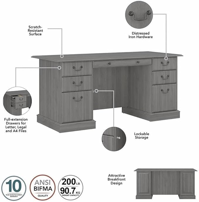 Bush Furniture Saratoga Executive Desk with Drawers Modern Gray