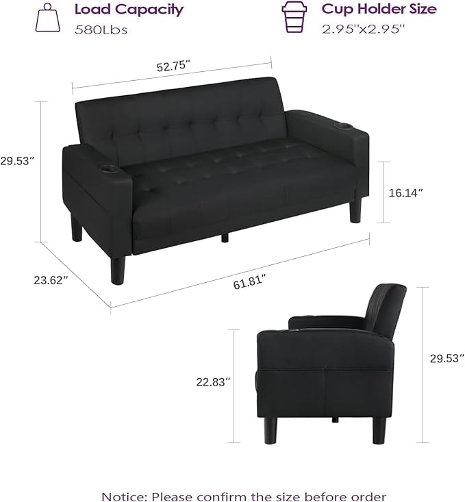 TYBOATLE Sofa Couch 62 W Loveseat w/ 2 USB Charger Ports &amp 2 Cupholders Mid-Century Modern Black Faux Leather Tufted Small Love Seat Couches for OfficeCompact Living RoomBedroomApartmentDorm