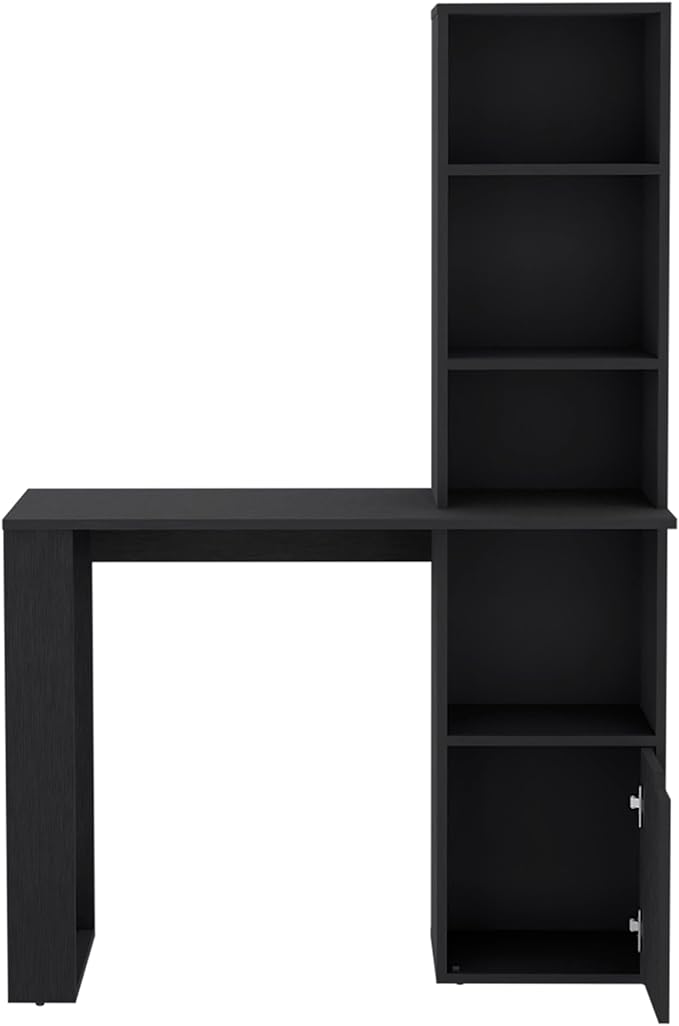 Black Office Desk with Four-Tier Bookcase &amp Cabinet - Modern Home Office Storage