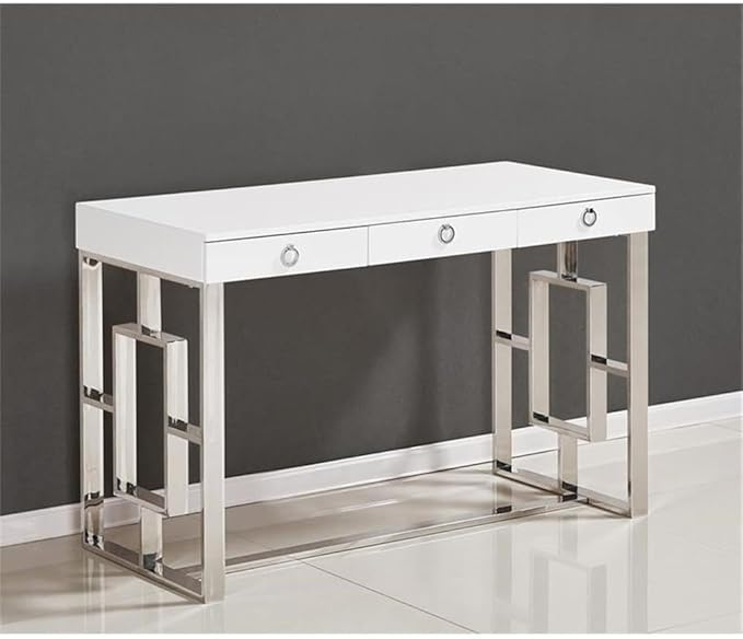 Best Master Furniture Barento 47 White Gloss Rectangular Computer Desk with 3 Drawers and Ring Handles Stainless Steel Sled Base Contemporary Office Desk for Home Study or Workspace (Silver)