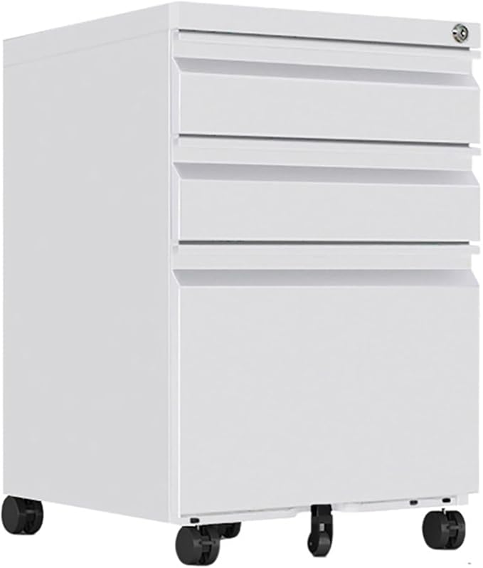 3 Drawer File Cabinet with Wheels Metal Filing Cabinets for Home Office with Lock Under Desk Drawer Organizer Fully Assembled Fits Letter A4 Standard Sizes (White 23.6*15.4*19.7)