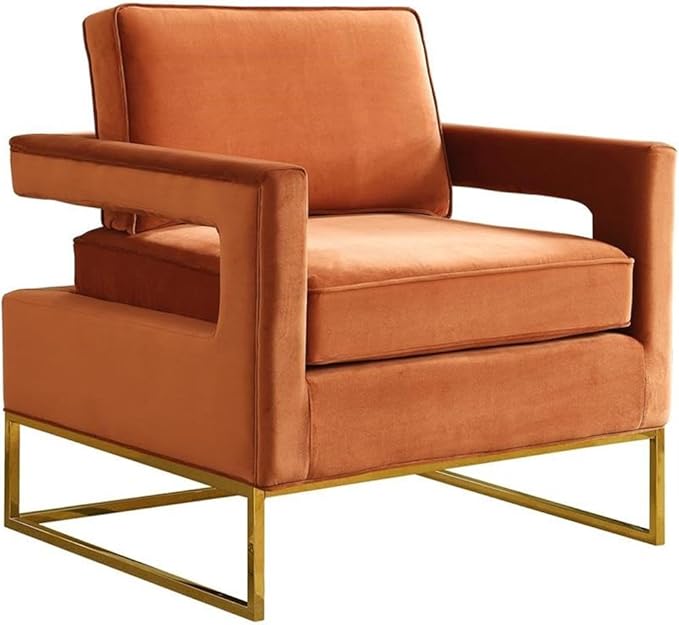 Pemberly Row Modern Velvet Accent Chair 33.5 W x 29.5 D x 35.5 H Cognac Upholstery Gold Stainless Steel Base High-Density Foam Cushion Solid Wood Frame Contemporary Design for Living Room or