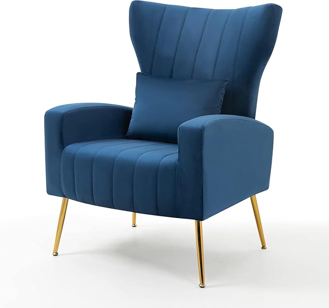 Velvet Accent Arm Chairs with Wingback &amp Lumbar Pillow Modern Armchair for Living Room Bedroom Guest Reception Side Chair for Office Gold Finish Navy Blue