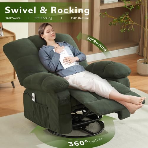 Oversized Recliner Chair for Adults w/ 8-Point 3D Kneading Massage and Lumbar Heating Swivel Rocker Recliner w/USB Charge Port for Living Room Ergonomic Lazy Boy Single Sofa Chair (Green)