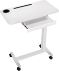 Height Adjustable Overbed Table with Drawer and Wheels Rolling Standing Laptop Desk Portable Bedside Tables with Slot Cup Holder Mobile Pneumatic Computer Cart White