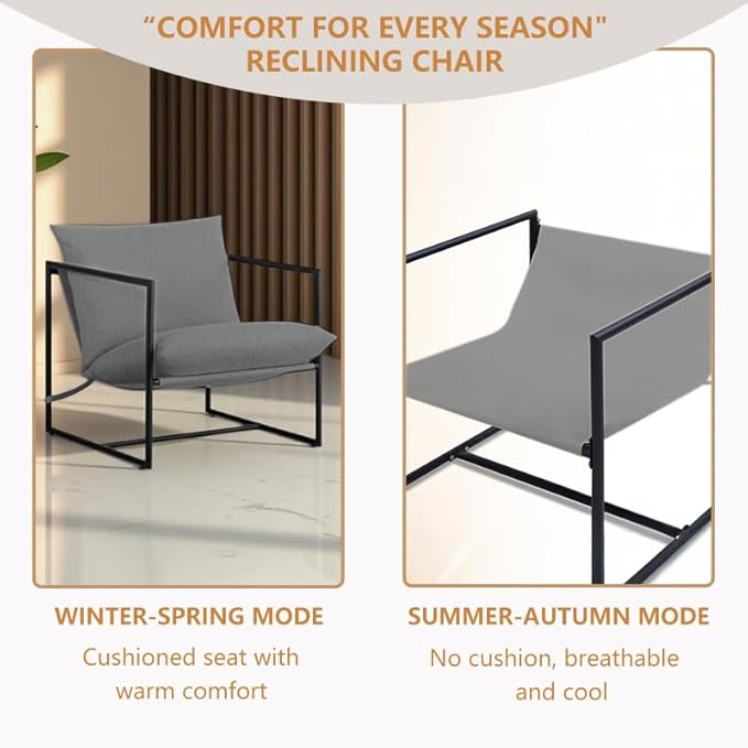 Mid-Century Modern Accent Chair Comfortable Indoor/Outdoor Lounge Chair with Cushion Armrests &amp Sturdy Iron Frame Leisure Reading Chair for Living Room Bedroom or Patio Grey