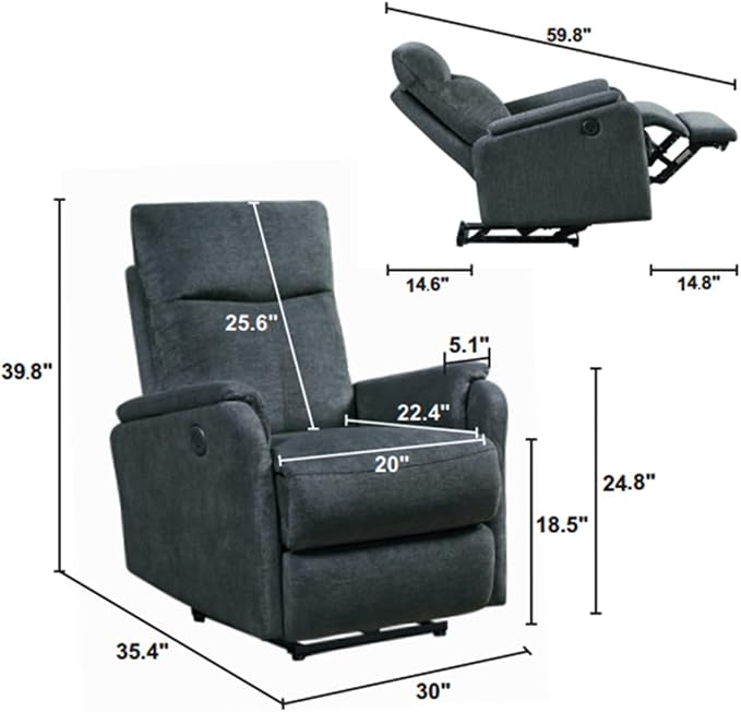 Electric Power Recliner Chair with Footrest and USB PortsModern Reclining Seat W/BackrestAdjustable Anglesfor ElderlyYoungLiving RoomHome TheaterDark Gray