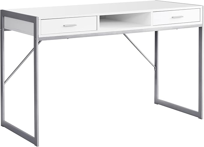 Penau Computer Desk for Home Office Modern Laptop Workspace with Storage Drawers 48 Inch White Laminate Finish and Grey Metal Base
