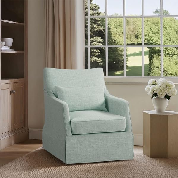 Martha Stewart 360° Mint Swivel Chair Modern Classic Skirted Armchair with Soft Removable Seat Cushions and Lumbar Pillow Rust Resistant Metal Swivel Base for Living Room Bedroom