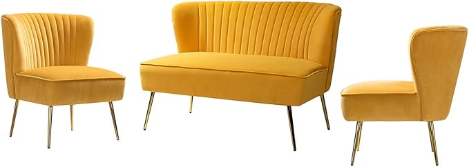 HULALA HOME 3 Piece Velvet Living Room Furniture Set Modern Comfy Upholstered Chair Set with Golden Legs include Loveseat &amp 2 Accent Chairs for Bedroom MUSTARD Tufted 2-Seater Sofa &amp Armles