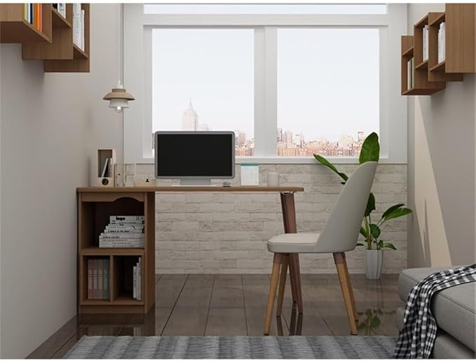 Eden Home Contemporary Wood Home Office Desk Maple Finish 53.54 in Wide 3 Open Cubby Spaces Durable Splayed Legs Retro Style Cut-Out Design Office Workspace or Study Desk with Ample Storage