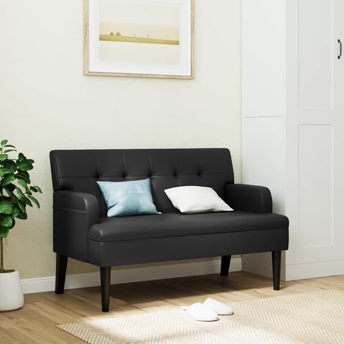 Loveseat Sofa Bench with Backrest Modern Loveseat Bench Sofa Couch 2-Seat Sofa Lounge Bench for Small Spaces Living Room Apartment Office Dorm Black 44.1x25.8x29.5 Faux Leather -10
