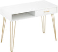 mDesign Metal/Wood Modern Minimalist Computer Desk - Computer Table with Drawer with Storage Cubby and Hairpin Legs - Small Work Desk for Home Office Study - White/Soft Brass
