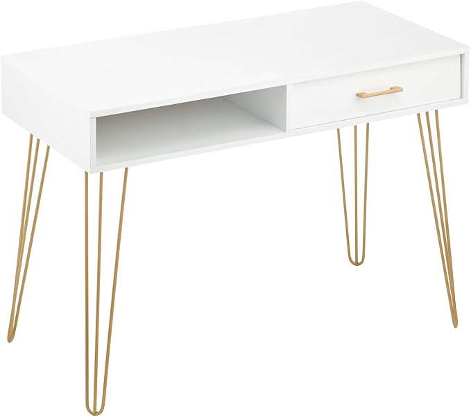 mDesign Metal/Wood Modern Minimalist Computer Desk - Computer Table with Drawer with Storage Cubby and Hairpin Legs - Small Work Desk for Home Office Study - White/Soft Brass