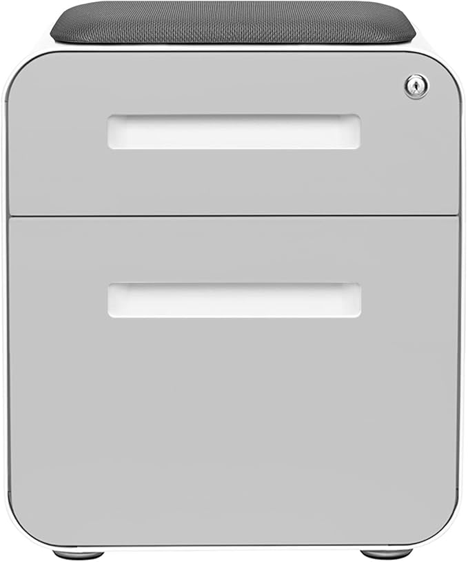 Laura Davidson Furniture STOCKPILE Mini Seated 2 Drawer Mobile File Cabinet with Removable Magnetic Cushion Seat - Short Version Metal Filing Cabinet Pre-Assembled Light Grey Face with Grey Cushion