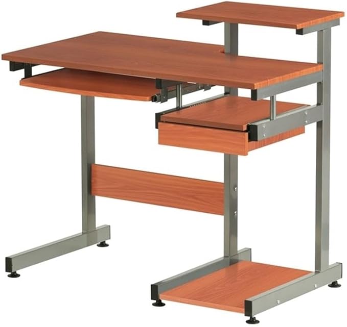 Pemberly Row Contemporary Wood/Steel Computer Desk 38 W x 22 D x 30 H Mahogany Finish MDF and Steel Construction Pull-Out Keyboard Tray Printer and Scanner Shelves Home Office Desk
