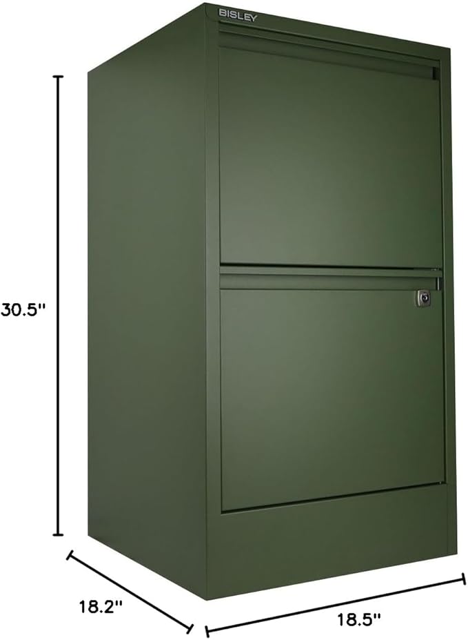 Bisley 2-Drawer Flush Front Vertical File Cabinet - Olive Green 2 Hanging File Drawers Powder-Coated Steel Locking Drawers